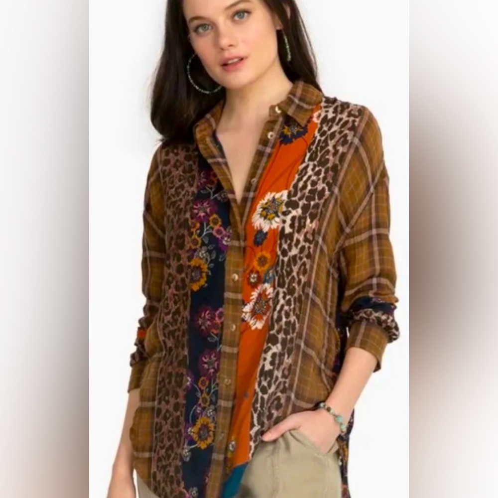 Johnny Was Patchwork Multicolor Cotton Silk Tunic Shirt, Size Small